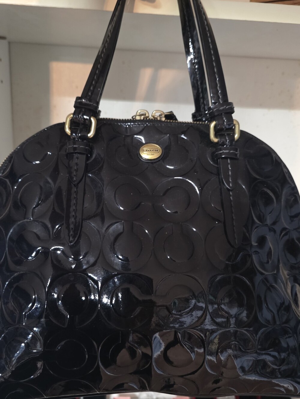 Coach Black Patent Leather Signature Shoulder Bag with Gold Accent. Better In Pe